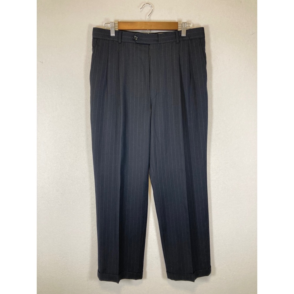 Dark Academia Vintage Mens 35 Charcoal Gray 100% Wool Pinstripe Pleated Trousers